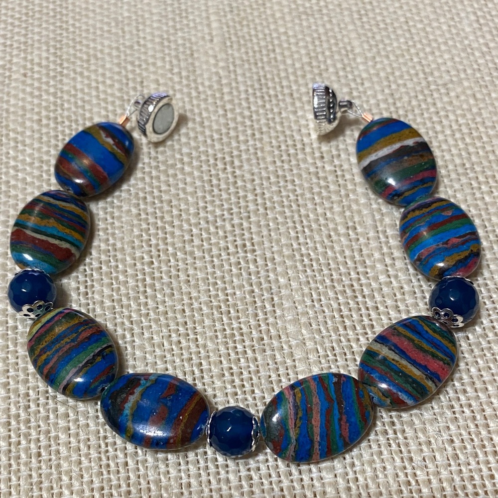Natural genuine Rainbow Calsillica gemstone artisan Beaded 7.5” Bracelet